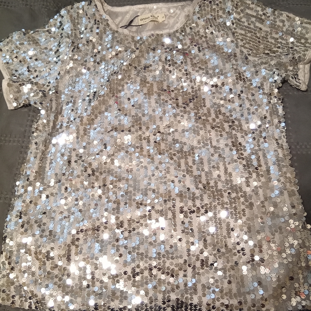 Sequin Short Sleeve Blouse - Silver by Anne Klein